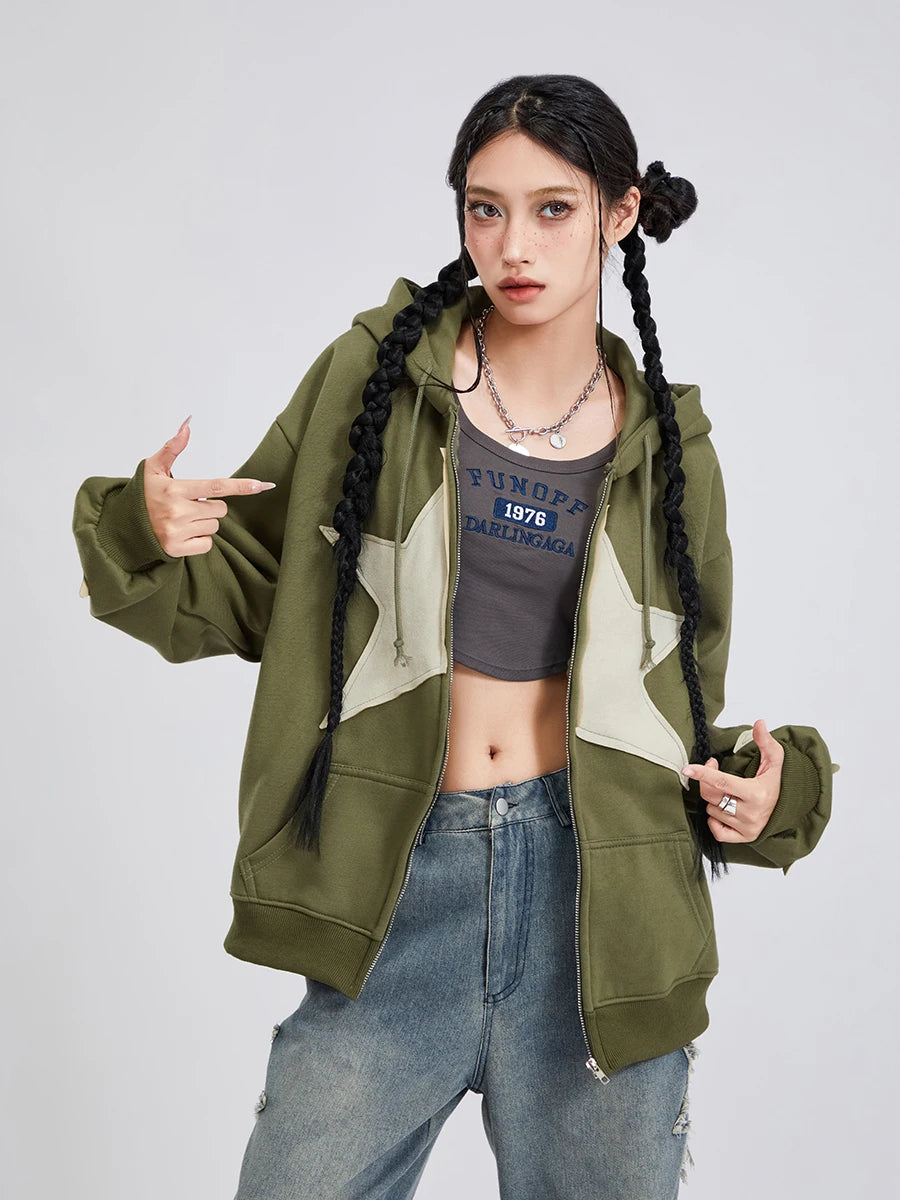 Women's Y2k Zip Up Hoodies Star Print Long Sleeve Graphic Hooded Jacket Aesthetic Oversized Coat Harajuku Streetwear