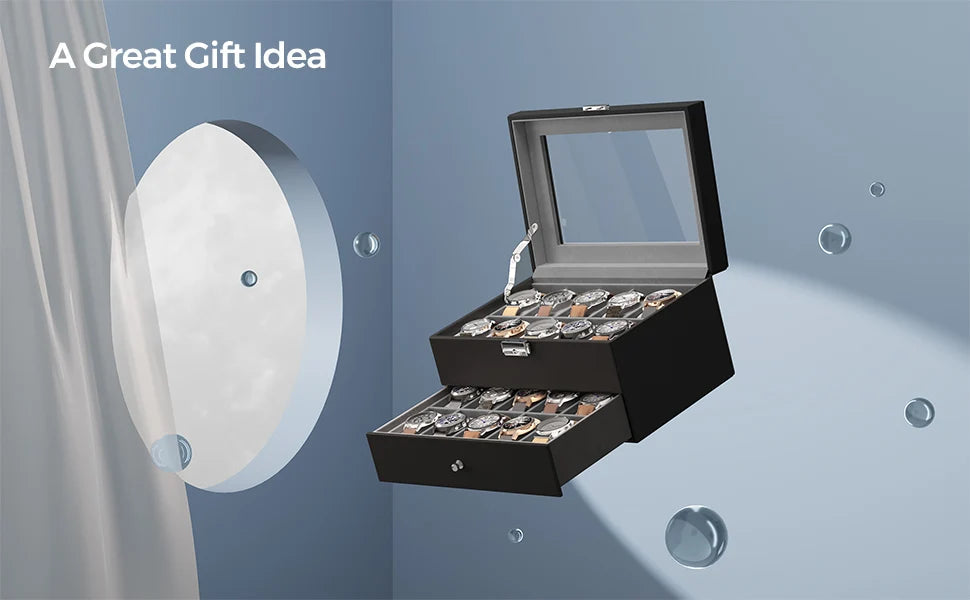 20-Slot Watch Organizer Case, Watch Case with Glass Lid, 2 Layers, Lockable Watch Display Case, Black Synthetic Leather, Gray Viralgem Store