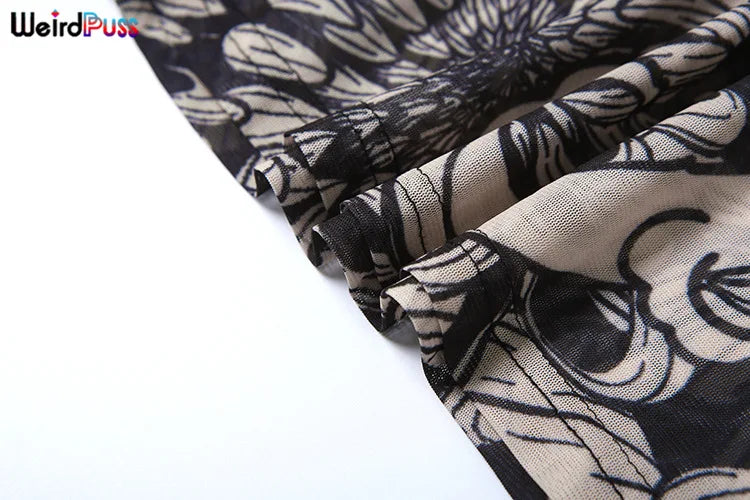 Weird Puss Thin Sheer Women Dress Mesh Contast Color Print High Waist Slim Fit Fashion Bodycon Nightout Clubwear Party Long Robe