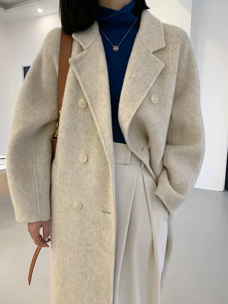 2024 Autumn Winter Wool Coat Women Double-breasted Solid Color Women's Double-sided Woolen Belt Coats Loose Warm Wool Jacket