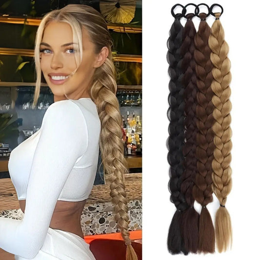 24 Inch Long Black Synthetic Braided Ponytail Hair Extension with Rubber Band for Women Hair Accessories Boxing Braids