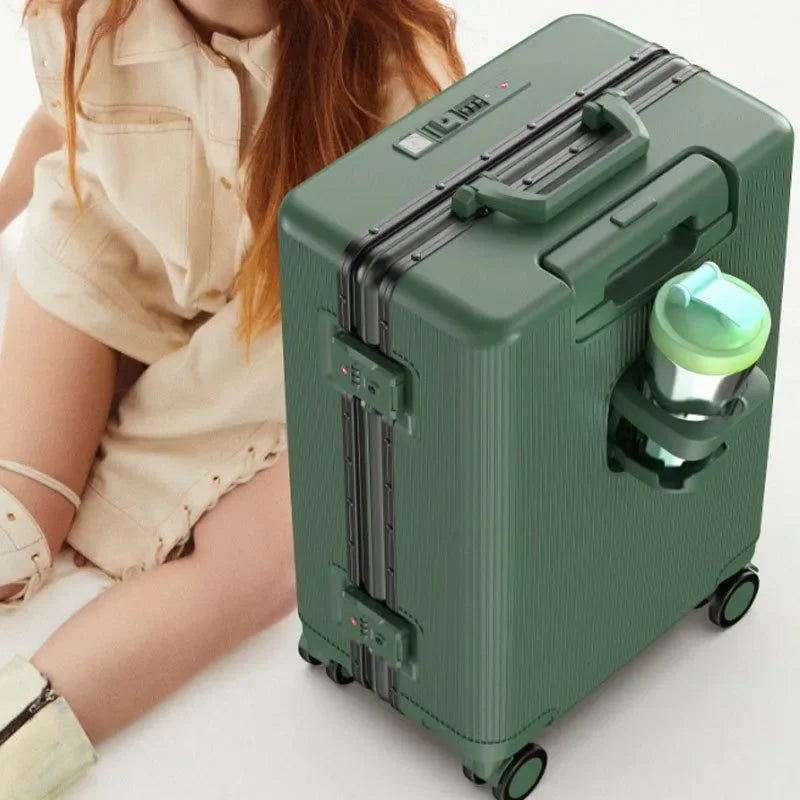20 22 24 Front Opening Rolling Luggage Travel Suitcase Aluminum Frame Trolley Case Unisex Multifunctional Trunk with Cup Holder Viralgem Store