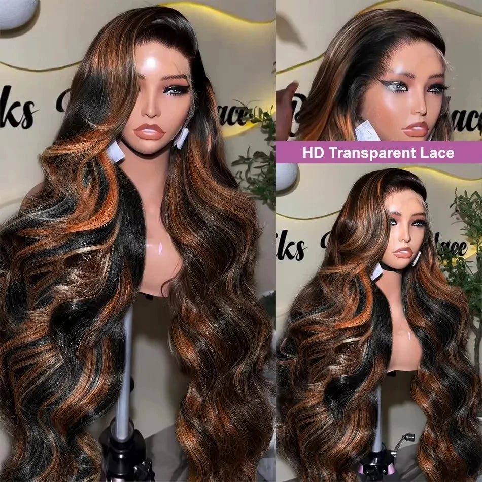 Upgraded 1B/30 Balayage Body Wave 13x4 Highlight Lace Front Human Hair Wig Vietnamese 30 Inch Omber Brown Colored Wig Human Hair Viralgem Store