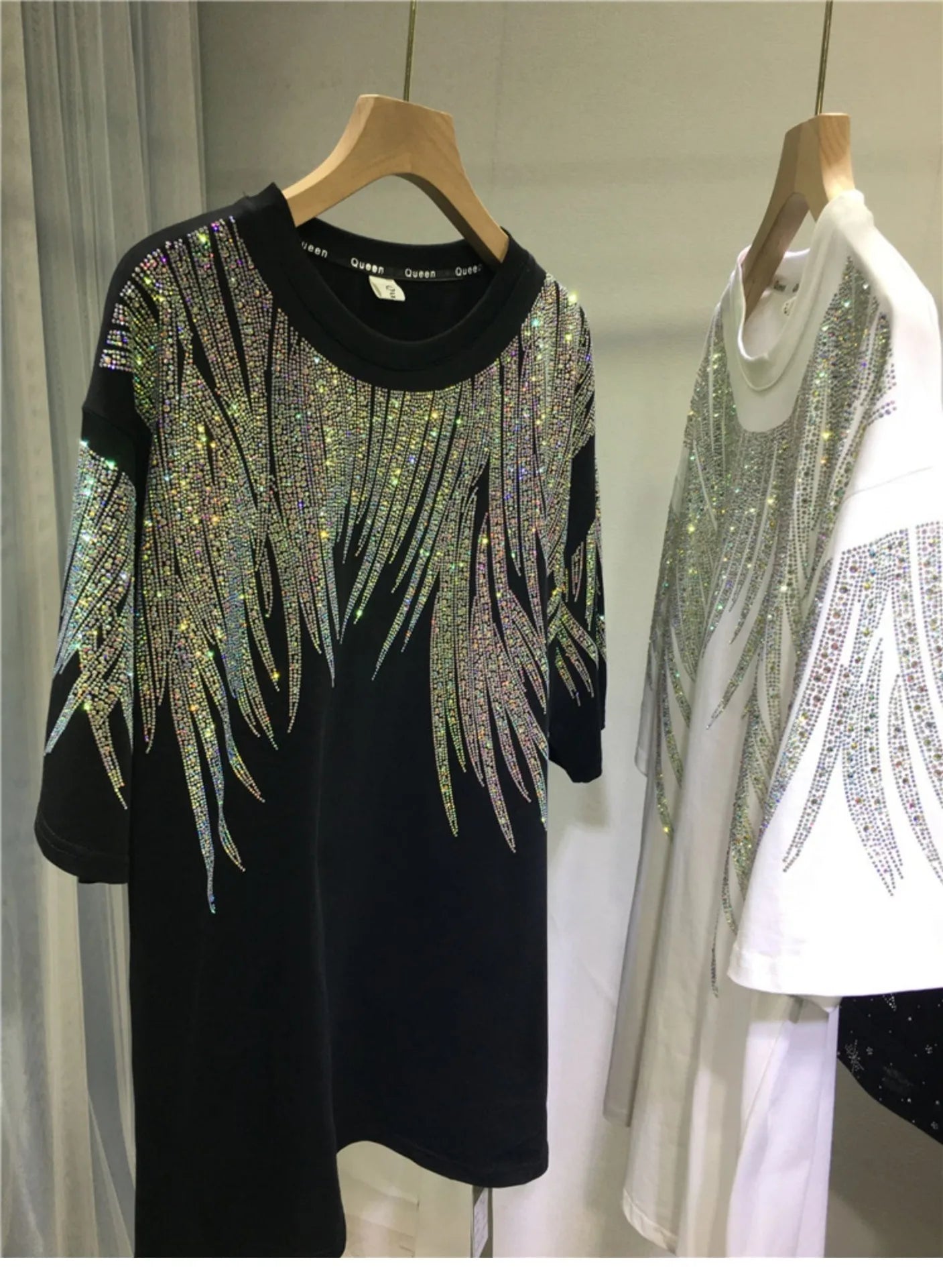 Women Tops Sequin Print Tees Round Neck Half Sleeve Loose Casual Regular Splice T Shirts Simple Hot Drilling Mid Length Top