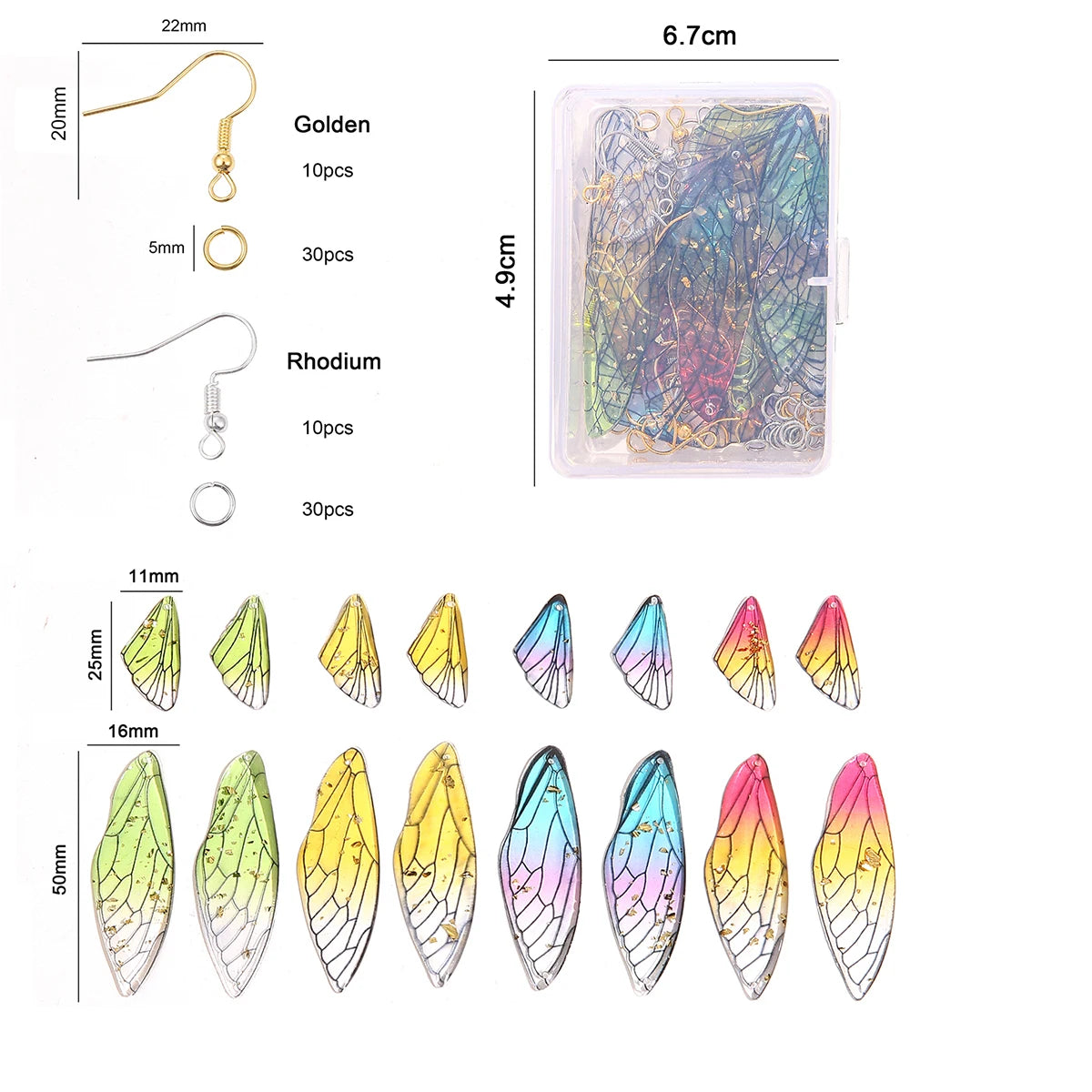 1 Set/Box Mixed Color Resin Drop Glue Size Butterfly Wings Gold Silver Ear Hooks Single Ring Set Box Handmade DIY Making Pendant