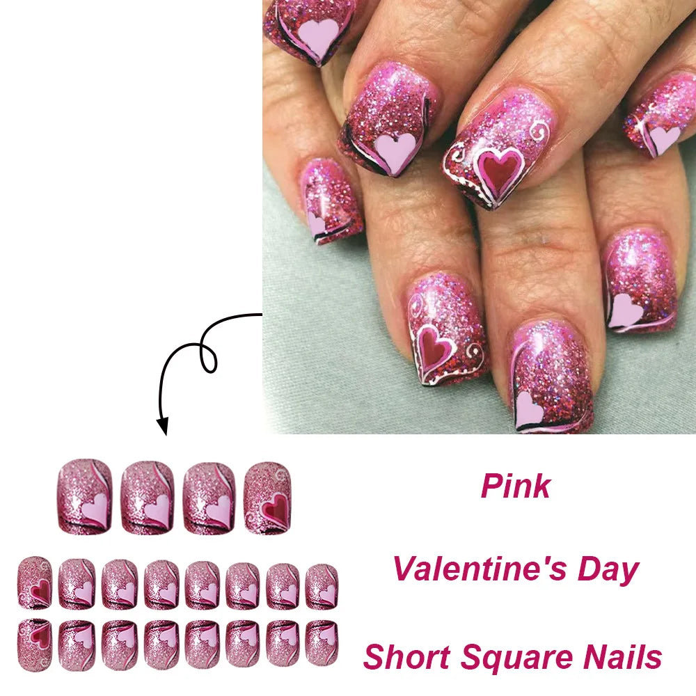 24pcs/set short Medium fake nails square ballet almond nail tips pink beautiful heart for Valentine's Day press on false nails