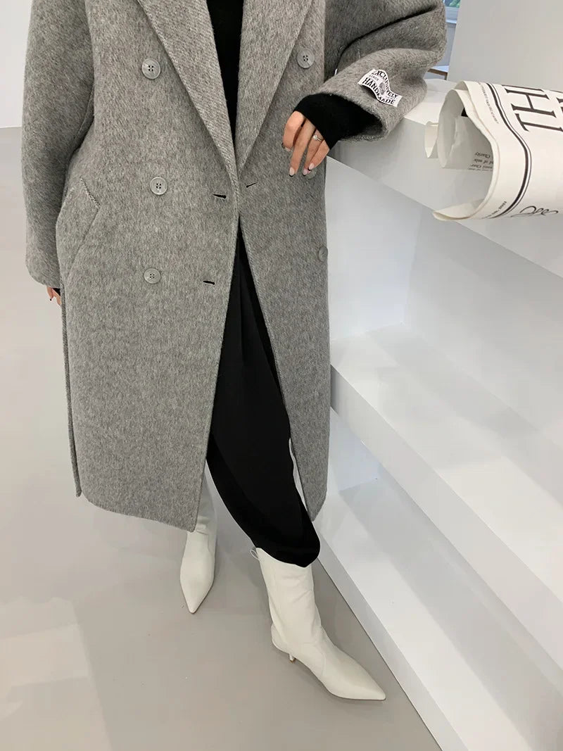 2024 Autumn Winter Wool Coat Women Double-breasted Solid Color Women's Double-sided Woolen Belt Coats Loose Warm Wool Jacket