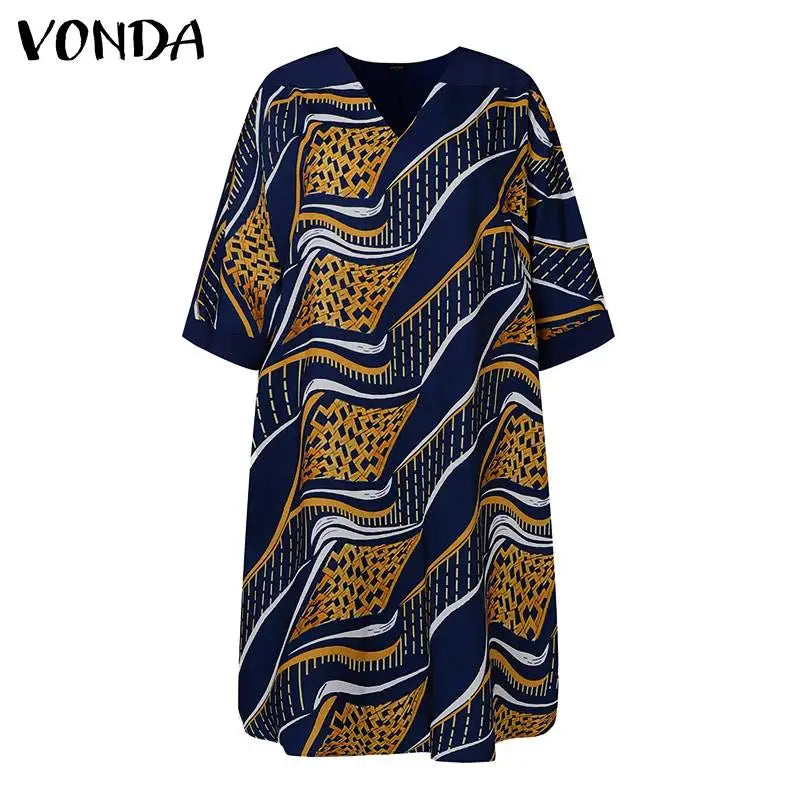VONDA Oversized Summer Dress 2024 Women V Neck Bohemian Printed Beach Sundress Casual Midi Vestidos 3/4 Sleeve Loose Robe Femme