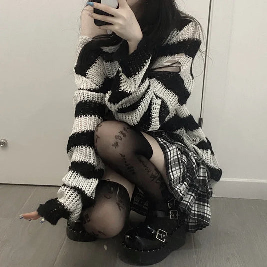 2024 90s Punk Gothic Long Sweater Women Dark Aesthetic Striped Pullovers Hollow Out Oversized Grunge Jumpers Emo Alt Clothes Y2k