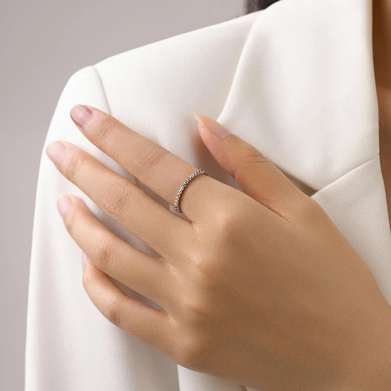 Ailmay 925 Sterling Silver Fashion Colorful Round Zirconia Stackable Finger Ring For Women Elegant Wedding Accessories Jewelry Viralgem Store