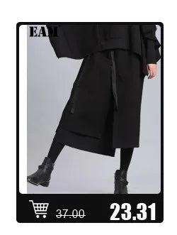 [EAM] Loose Fit Black Denim Big Size Sweatshirt New High Collar Long Sleeve Women Big Size Fashion Spring Autumn 2024 1K166