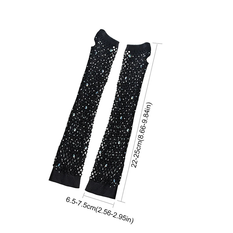 1pair Neon Fishnet Fingerless Long Gloves Rhinestone Arm Cuff Party Wear Fancy Dress For Womens Sexy Punk Goth Dance Mesh Gloves