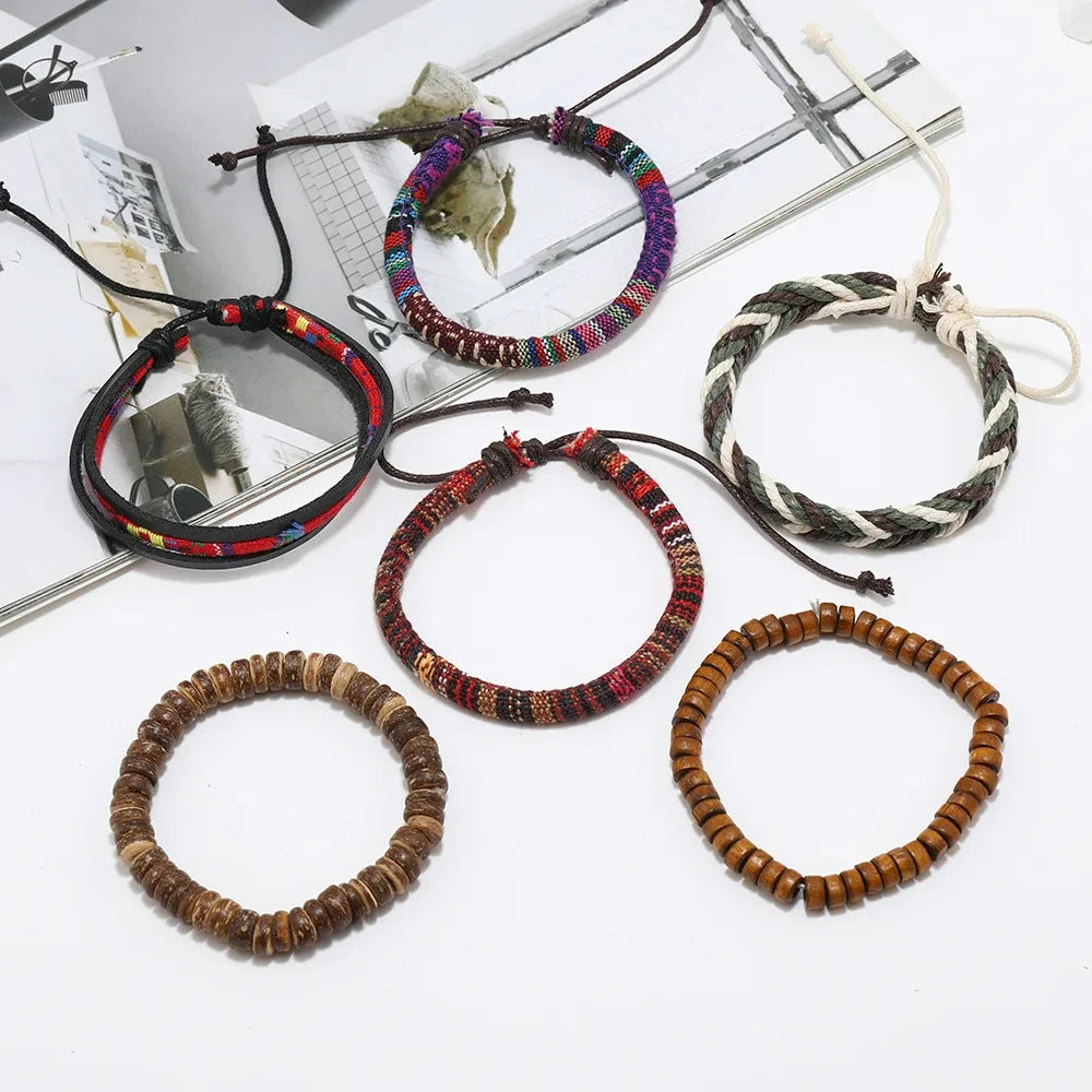 4Pcs/ Set Braided Wrap Leather Bracelets for Men Vintage Life Tree Rudder Charm Wood Beads Ethnic Tribal Wristband Rope Bracelet