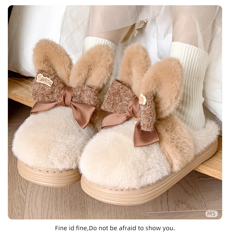 8 cm High platform fur slippers women's winter fluffy ear home shoes woman white bunny rabbit slippers woman house clog shoes