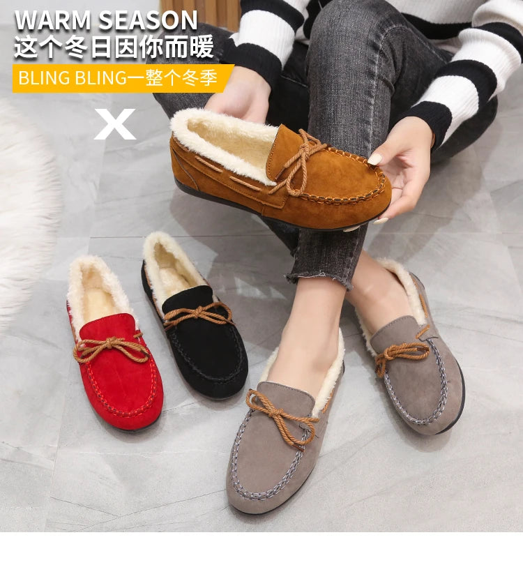 2023 autumn and winter new Doudou shoes women plus cashmere warm bow Korean version of casual shallow mouth flat lazy cotton sho