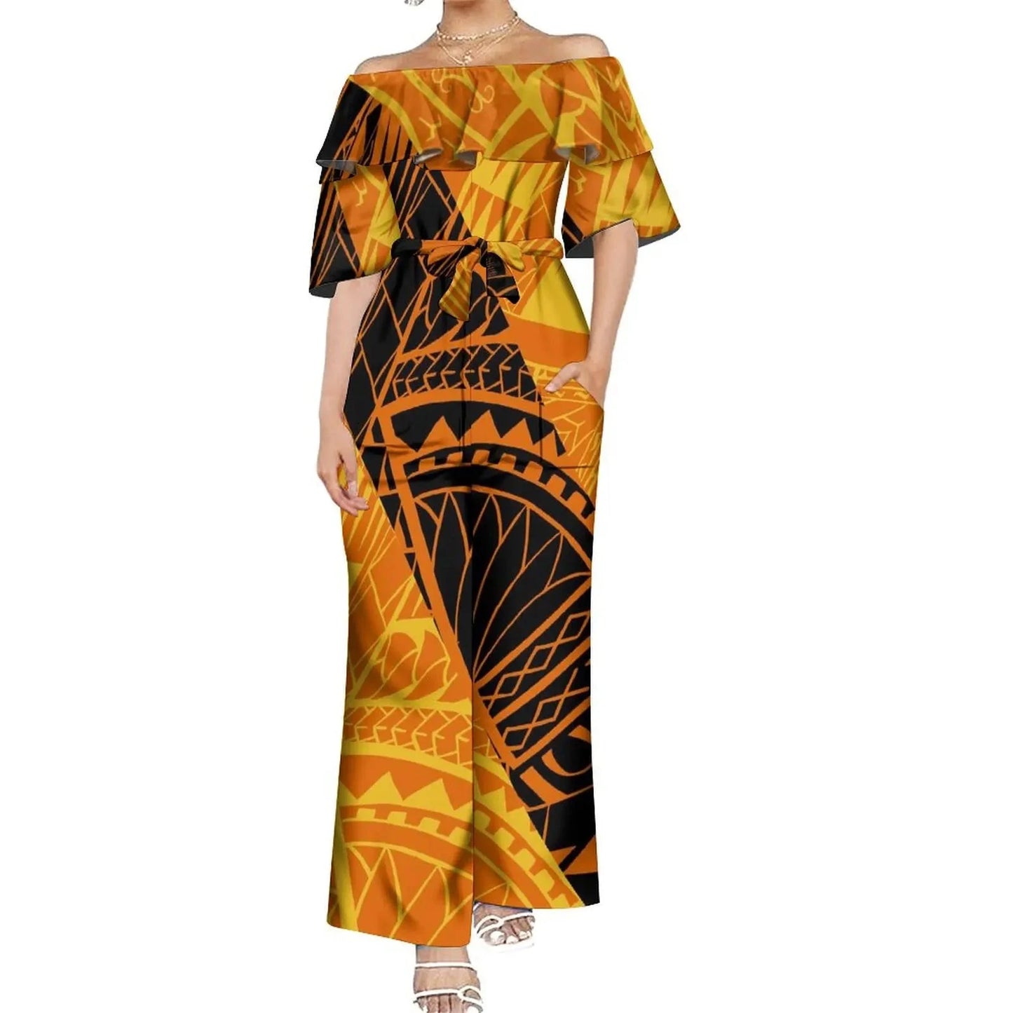 Drop Shipping Custom Polynesian Off Shoulder Frill Women One Piece Rompers Lace Up Oversized Jumpsuit With Belts Viralgem Store