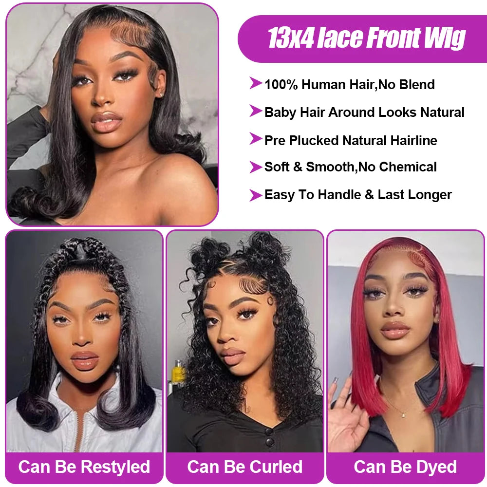250% 13x6 13x4 Lace Frontal Wigs Silky Straight Human Hair HD Lace Front Bob Wigs Pre Cut Glueless Straight Bob Wigs Ready to Go