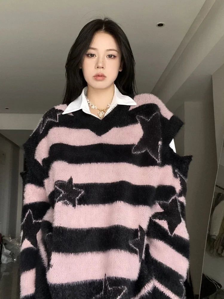 ADAgirl Harajuku Striped Sweater Oversize Y2k Style Pink Detachable Sleeves Star Print Jumpers Gothic Winter Korean Alt Clothes
