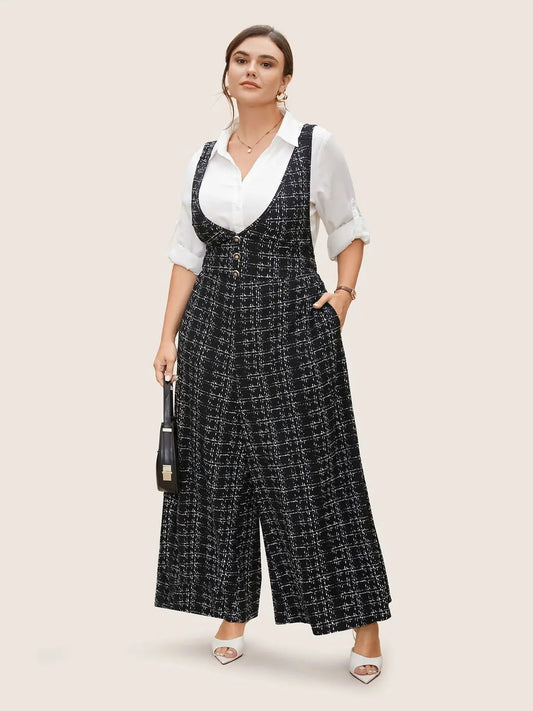 2025 Women's Sleeveless Oversized Jumpsuit Overalls Ladies Sexy Plaid Deep V Neck Wide Leg Pants Jumpsuits with Buttons Pockets Viralgem Store
