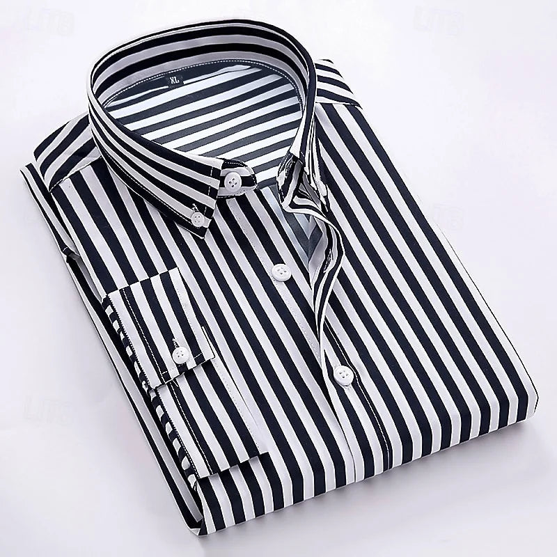 2025 Men's Formal Shirt Striped Shirt Button Lapel Soft Shirt Wedding Black White Red Navy Blue Long Sleeve Clothing XS-6XL