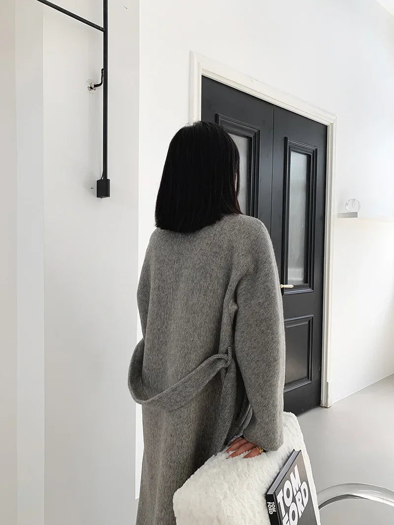 2024 Autumn Winter Wool Coat Women Double-breasted Solid Color Women's Double-sided Woolen Belt Coats Loose Warm Wool Jacket
