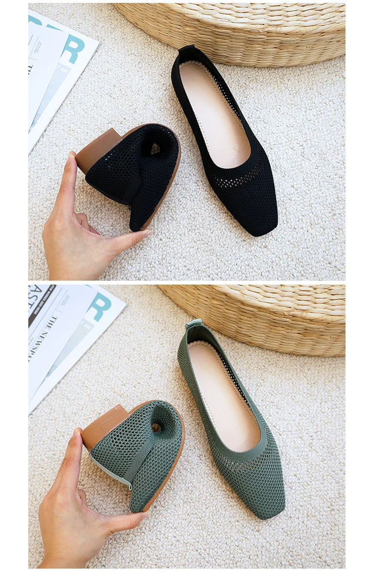 Women Solid Mesh Casual Shoes Summer Breathable Square Toe Hollow Fly Weaving Comfort Light Soft Walkers Flats Zapatos De Mujer