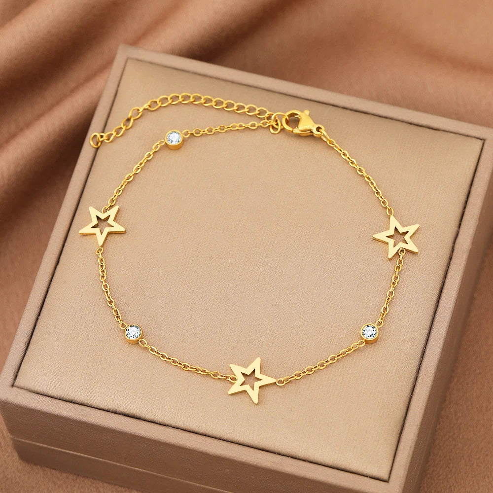 Stainless Steel Bracelets Crystal Zircon Hollow Star Pendant Korean Fashion Bracelet For Women Jewelry Best Friend Gifts New in