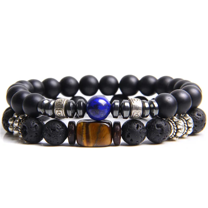 2 Chain Bracelets Friendship Jewelry Handmade Elastic Men Bangle Natural Tiger Eye Stone Beads Bracelet Unisex Pulsera Hombre Viralgem Store