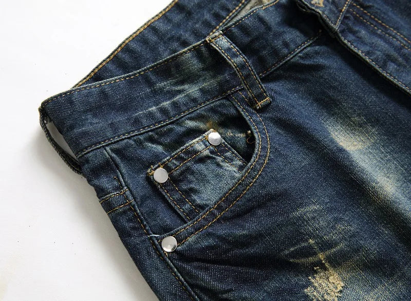 2024 Men's Autumn and Winter New Characteristic Nostalgic Jeans, European and American Ripped Patchwork Tapered Jeans. Viralgem Store