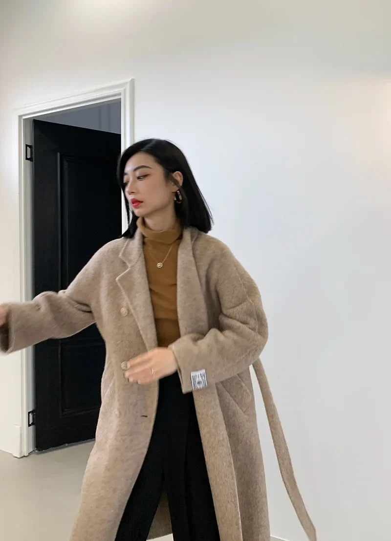 2024 Autumn Winter Wool Coat Women Double-breasted Solid Color Women's Double-sided Woolen Belt Coats Loose Warm Wool Jacket