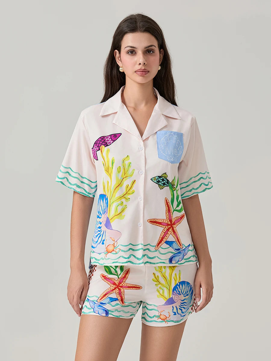 Women 2 Piece Shorts Outfits Ocean Print Button Short Sleeve Lapel T-Shirt and Elastic Shorts Club Streetwear Clothes Pjs Lounge