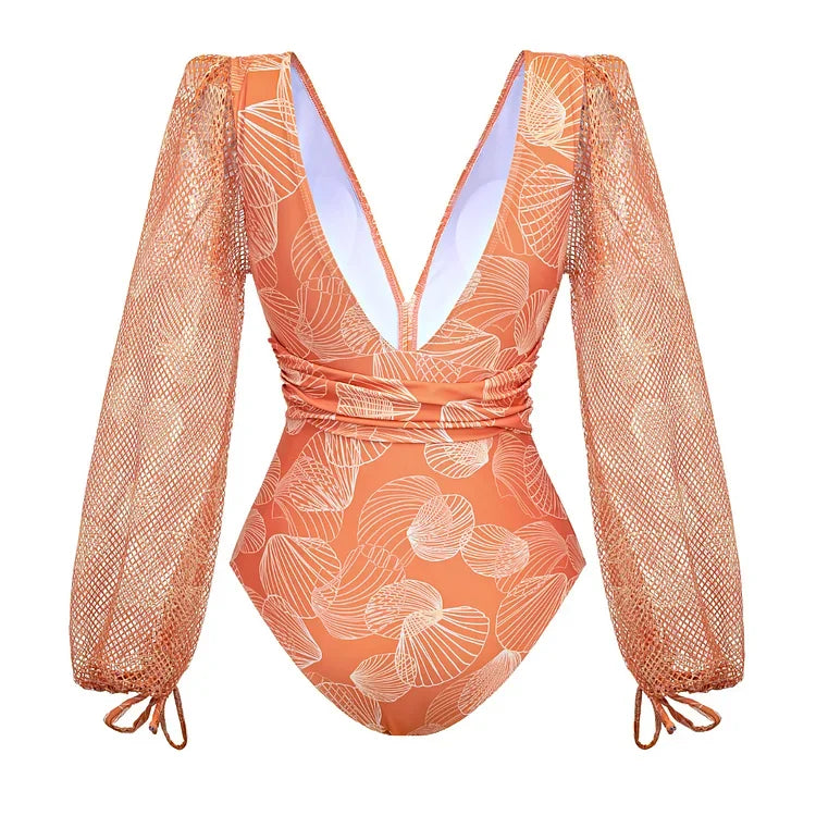 2024 V Neck Shell Print Decor Long Sleeve One Piece Swimsuit and Skirt  Clearance Wholesale Bodysuit Dress