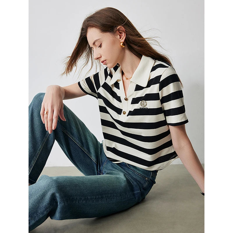 TOYOUTH Women Letter T-shirt 2024 Summer New POLO Collar Top Viralgem Store