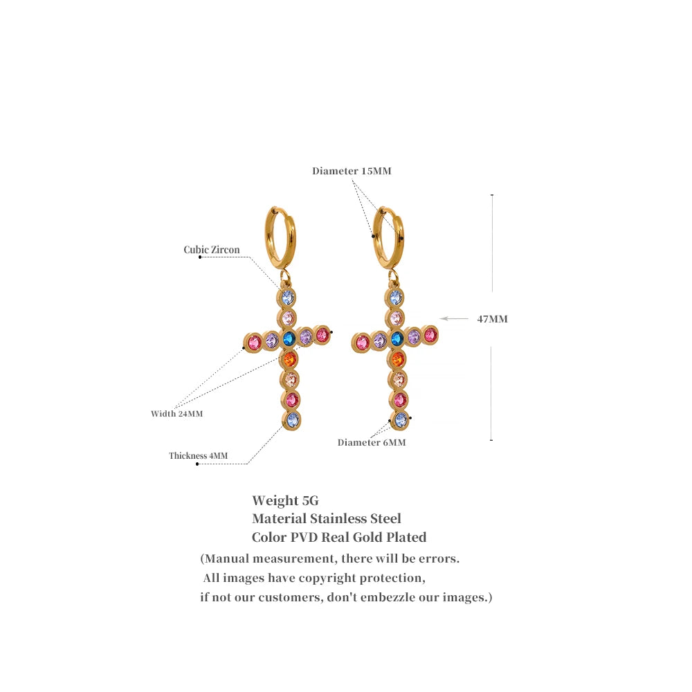 Yhpup Waterproof Colorful Cubic Zirconia Stainless Steel Cross Drop Hoop Earrings Fashion Daily Men Women Unisex Golden Jewelry