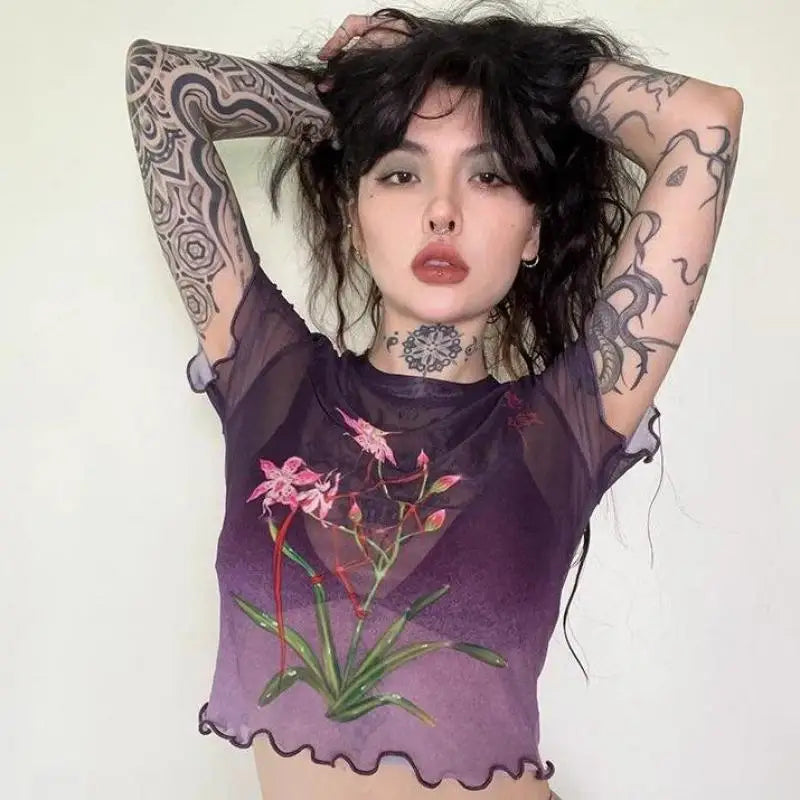 Yedinas Summer Crop Top Mesh Tops Short Sleeve Purple T Shirt Women Clothes Sheer See Through Gothic Floral Tees Y2k Chic Tshirt