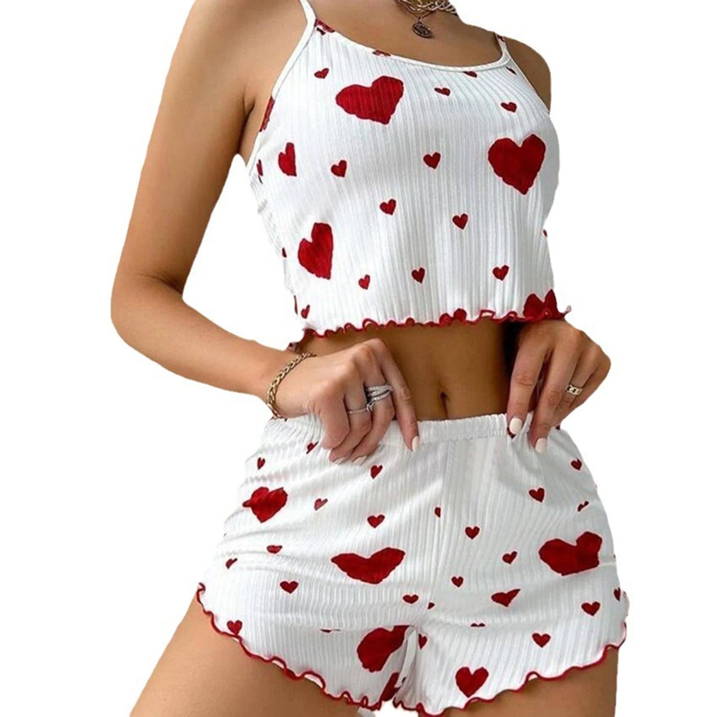Women's Pajamas Set Sleepwear 2 PCS Short Tank Tops And Shorts S M L White Ventilate Soft Casual Love Printing Viralgem Store