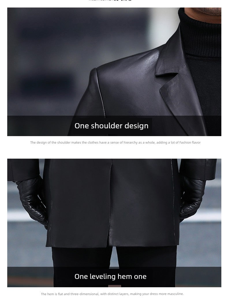 2024 New Arrival Haining Genuine Leather Clothes Men's Mid Length Long Length Trench Coat Fur Outwear Silm K-style Suit Collar Leather Jacket