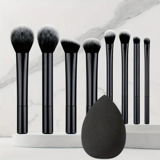 9pcs Multifunctional Black Makeup Brush Set With 1pc Beauty Egg,Soft Bristles for All Skin Types, Alcohol-Free Cosmetic Brushes