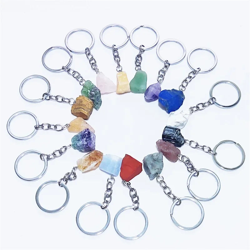 20pcs Natural Rough Raw Stone Crystal Quartzs Keychain Women Men Handbag Hangle Car Key Holder Raw Mineral Stone KeyRing Jewelry Viralgem Store
