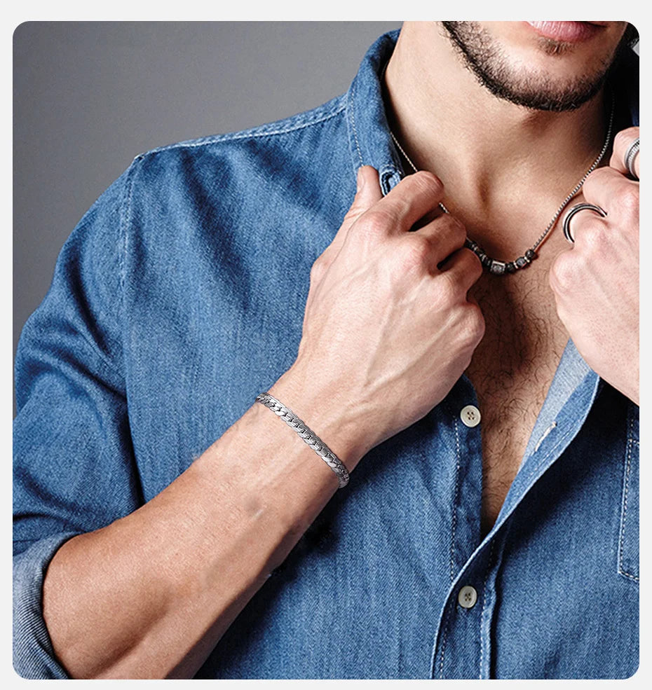 Vnox 6mm Stainless Steel Flat Cuban Chain Bracelets for Men, Adjustable Miami Curb Links Bracelet, Casual Punk Wrist Jewelry