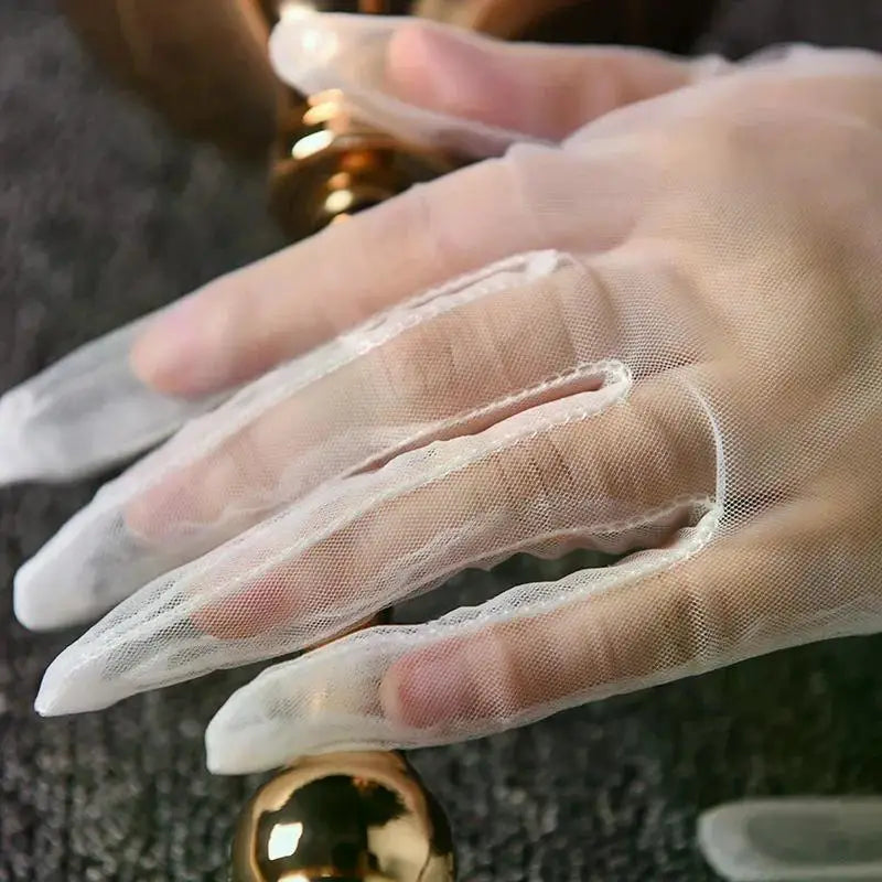 Women Short Tulle Gloves Sexy Lace Mittens Tulle Full Finger Gloves Lady Driving Glove Transparent Mittens Wedding Bridal Gloves