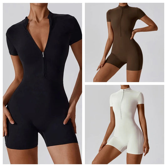 Women's Zipper Short-Sleeve Yoga Jumpsuit - Quick-Dry Breathable Tight Fitness Onesie for Gym Running Sportswear Viralgem Store