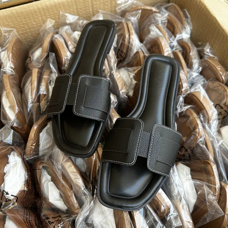 2024 Women Modern Slippers Summer Outdoors Comfortable Flat Slippers Luxury Leather Slippers Casual Slides Shoes Females Sandals