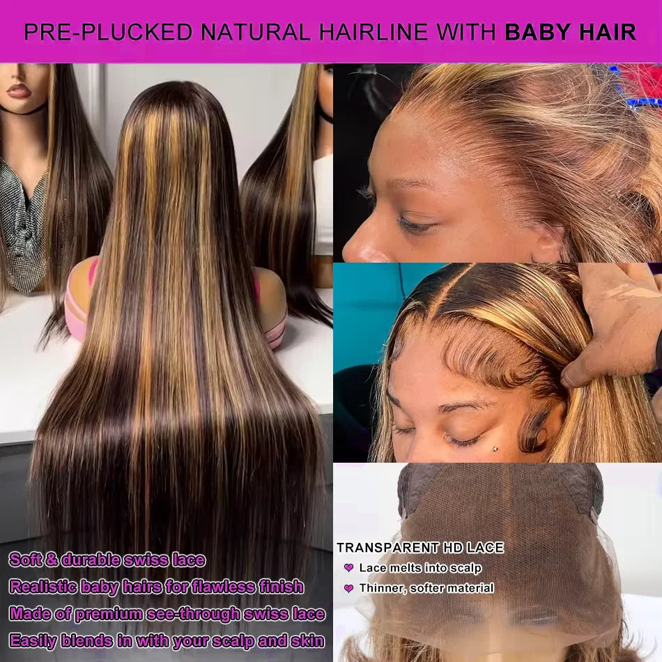 30 38 Inch Bone Straight Highlight Wigs Honey Brown13x6 HD Lace Front Wig Brazilian Ombre Color 13x4 Lace Frontal Wig Human Hair Viralgem Store