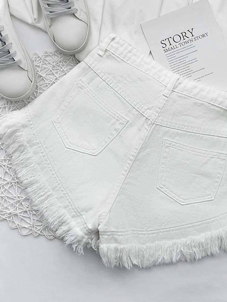 White Denim Shorts Women New High-Waist Ripped Fringed Burr Hot Pants 2023 Summer Loose Wide-Leg Korean Style Short Femme
