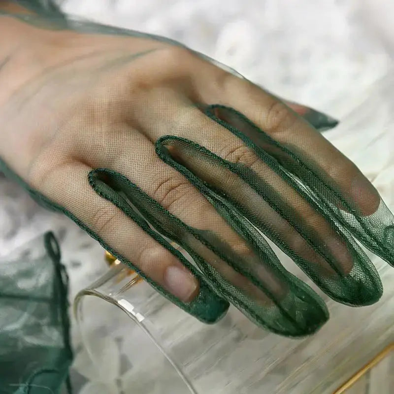 Women Short Tulle Gloves Sexy Lace Mittens Tulle Full Finger Gloves Lady Driving Glove Transparent Mittens Wedding Bridal Gloves