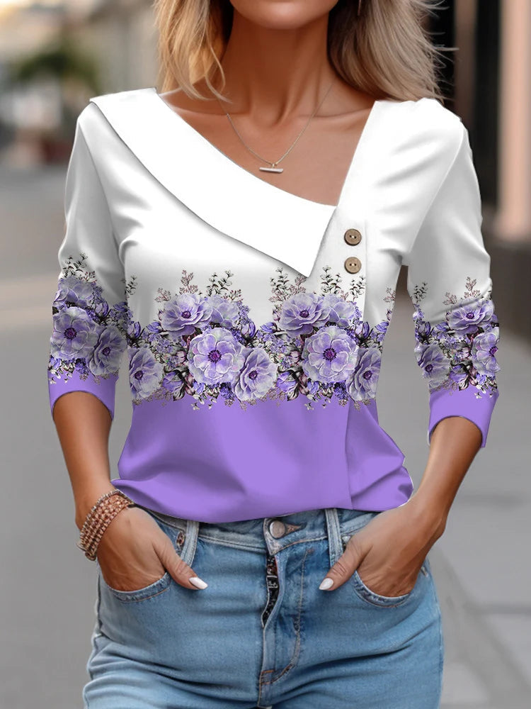 T Shirt For Women Fashion Long Sleeve Top White Floral Print Shirts And Blouses Autumn Winter Clothes For Women 2024 Viralgem Store