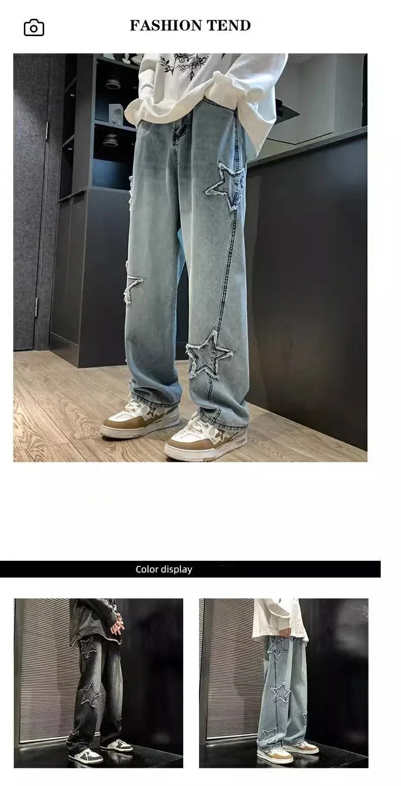 2024 New Fashion Stars Towel Embroidery Brown Men Jeans Pants Y2K Clothes Straight Hip Hop Cotton Trousers Pantalon Homme Viralgem Store