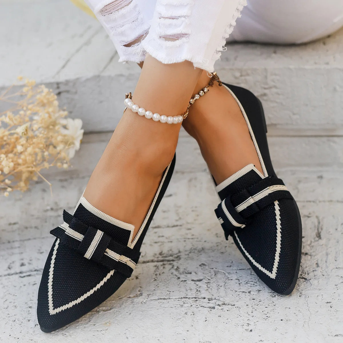 Women Flats 2024 New Knitted Slip Breathable Comfortable Solid Color Shoes Casual Pointed Toe Walking Loafers Sneakers Women Viralgem Store