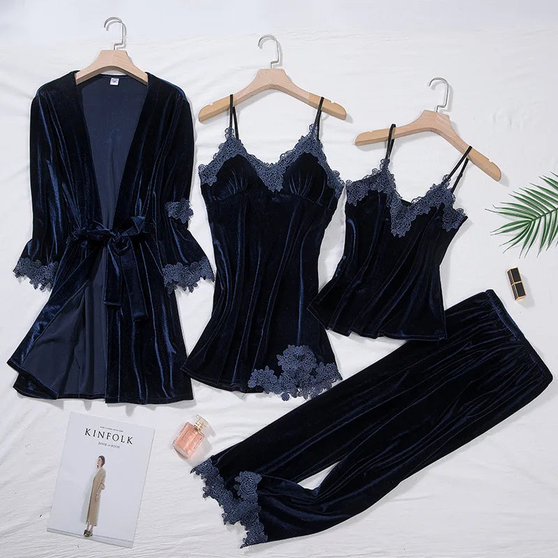 TOP Casual Velour Home Clothing 4pcs Sleep Set Intimate Lingerie Women Pajamas Suit Long Sleeve Lace Velvet Homewear Pyjamas Viralgem Store